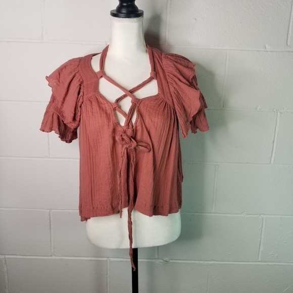 Free People angel flutter cross tie gauzy short sleeve top - Picture 4 of 14